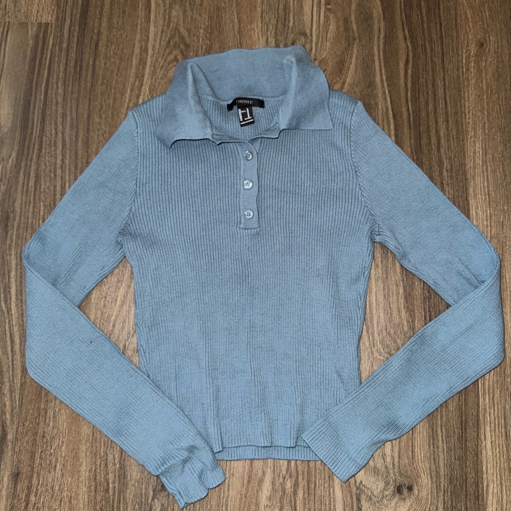 Forever 21 Light Blue Ribbed Polo Top